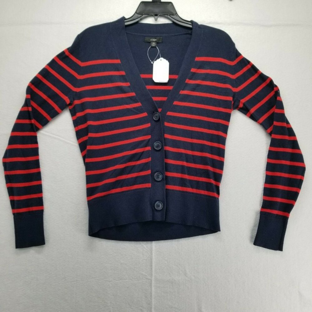 J Crew Womens Button Up Cardigan Sweater Blue Red Striped